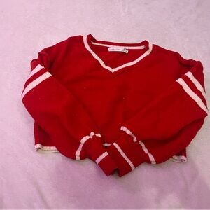 Altar'd State Red V-Neck Sweater with White Stripes